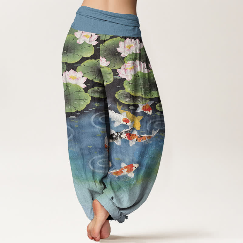 Buddha Stones Cotton Lotus Koi Pond Pattern Women's Elastic Waist Harem Pants - image 6
