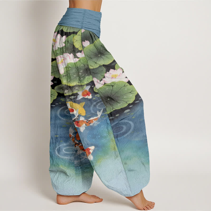 Buddha Stones Cotton Lotus Koi Pond Pattern Women's Elastic Waist Harem Pants - image 7