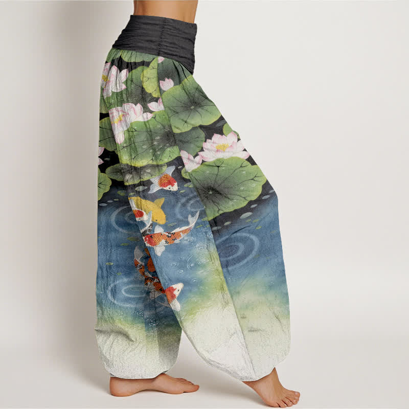 Buddha Stones Cotton Lotus Koi Pond Pattern Women's Elastic Waist Harem Pants - image 10