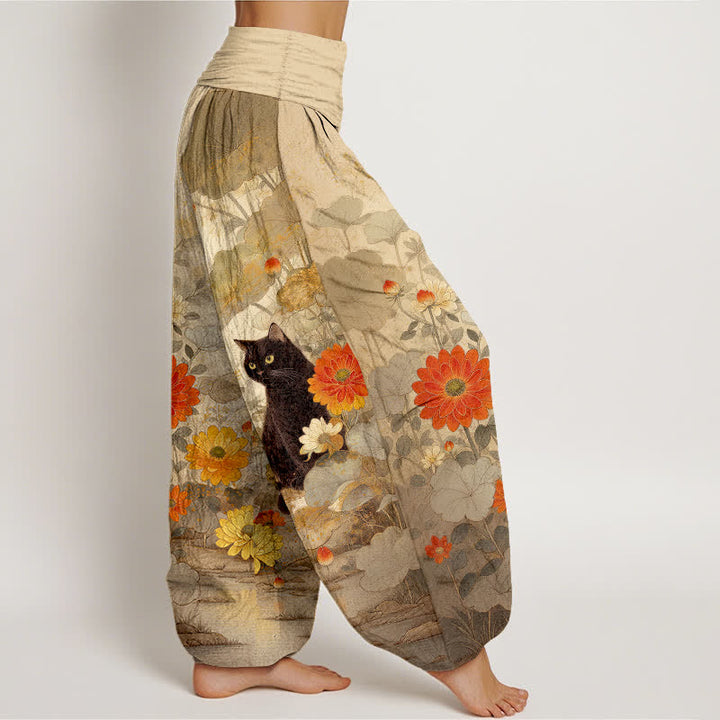 Buddha Stones Pure Cotton Vintage Black Cat Floral Pattern Women's Elastic Waist Harem Pants - image 2
