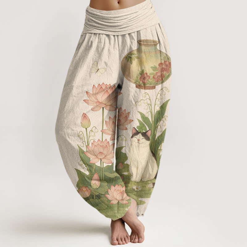 Buddha Stones Pure Cotton Lotus Cat Pattern Women's Elastic Waist Harem Pants - Beige - US16，UK/AU20，EU48 (3XL) - image 0