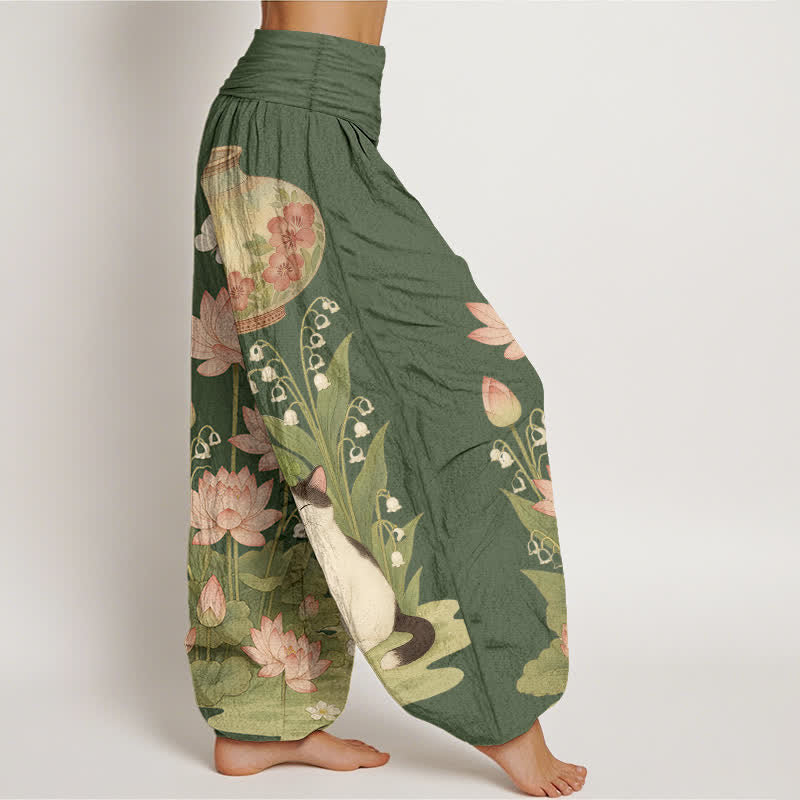 Buddha Stones Pure Cotton Lotus Cat Pattern Women's Elastic Waist Harem Pants - image 7