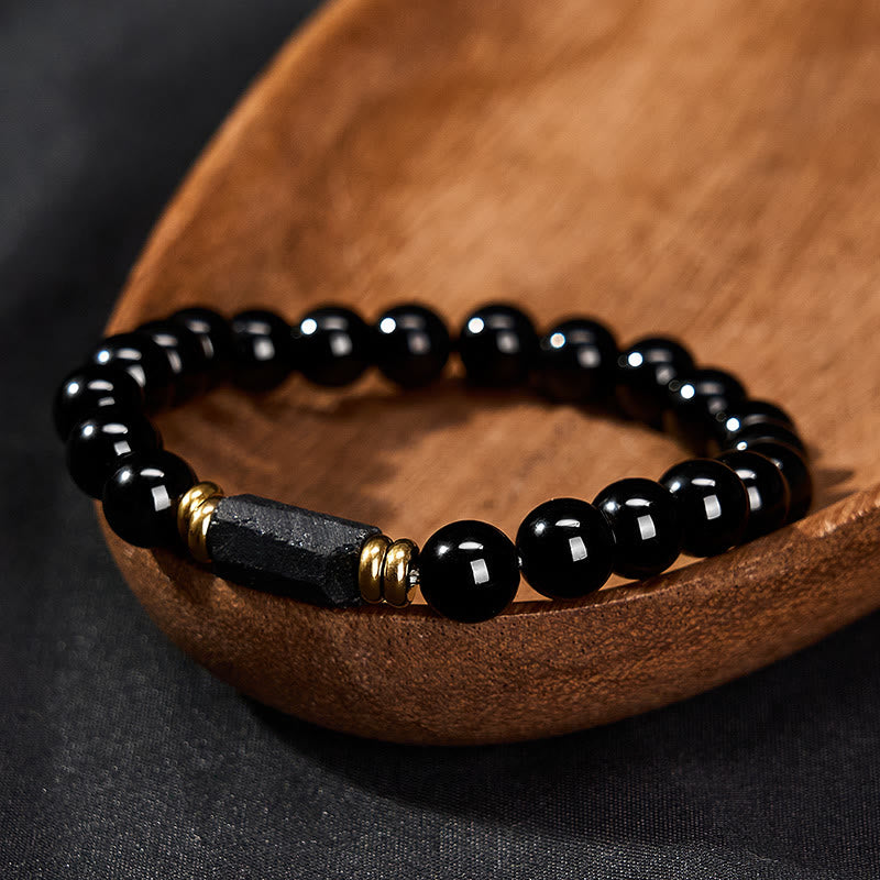 Buddha Stones Black Obsidian Black Tourmaline Protection Minimalist Round Bead Bracelet - image 10