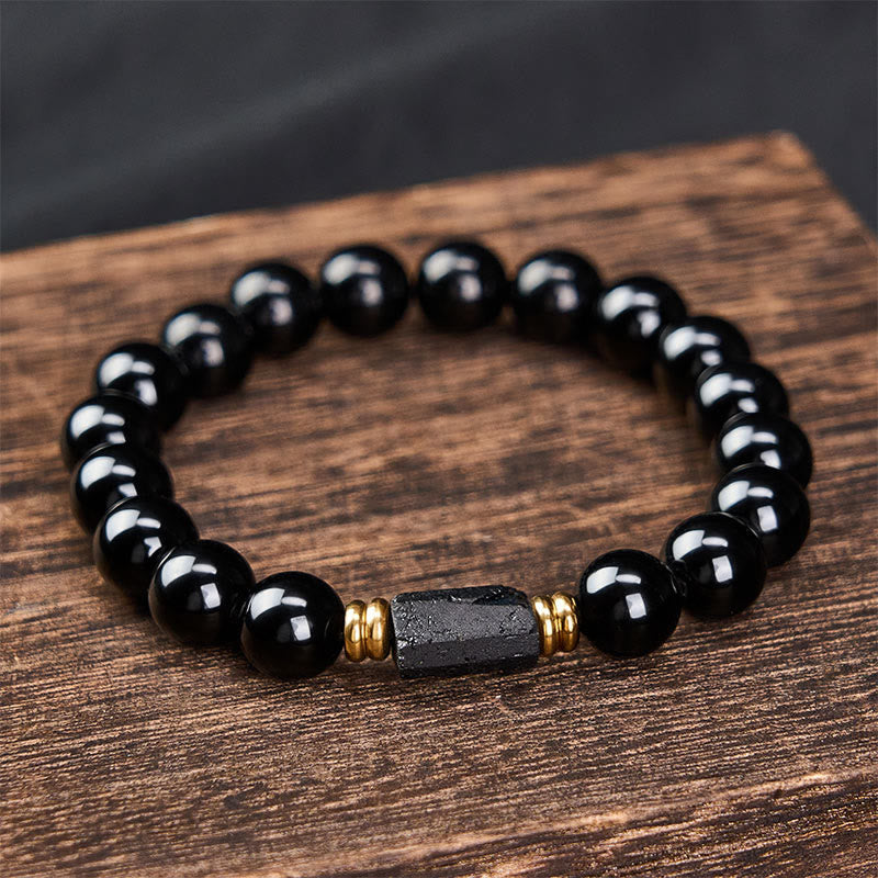Buddha Stones Black Obsidian Black Tourmaline Protection Minimalist Round Bead Bracelet - image 15