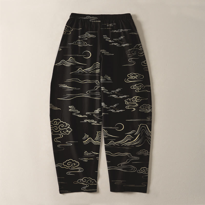 Buddha Stones Pure Cotton Cloud Mountain Wave Pattern Drawstring Men's Tapered Pants With Pockets - image 3