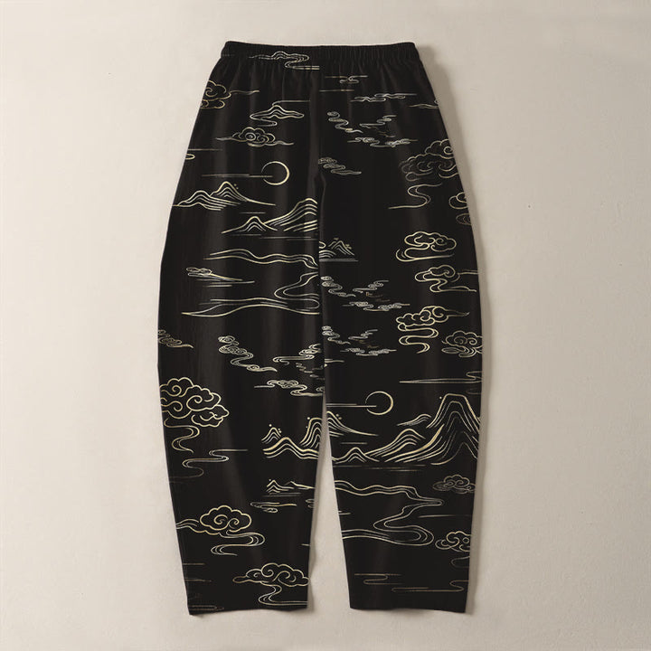 Buddha Stones Pure Cotton Cloud Mountain Wave Pattern Drawstring Men's Tapered Pants With Pockets - image 3