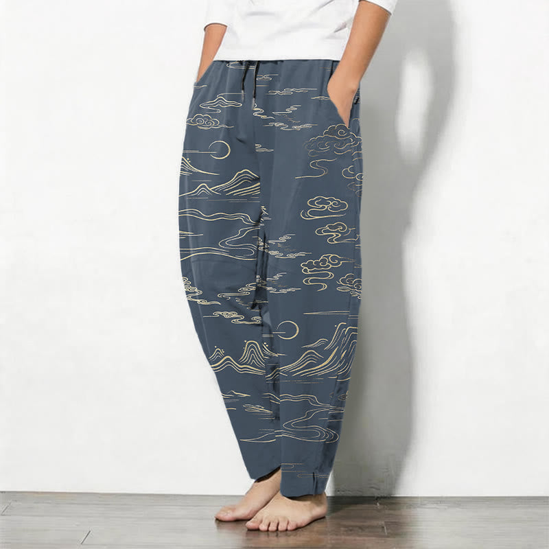 Buddha Stones Pure Cotton Cloud Mountain Wave Pattern Drawstring Men's Tapered Pants With Pockets - image 12
