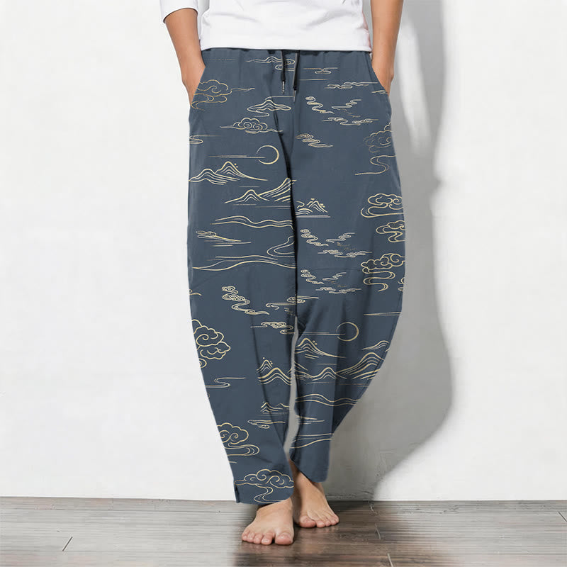 Buddha Stones Pure Cotton Cloud Mountain Wave Pattern Drawstring Men's Tapered Pants With Pockets - SteelBlue - US/UK/AU50，EU60 (5XL) - image 11