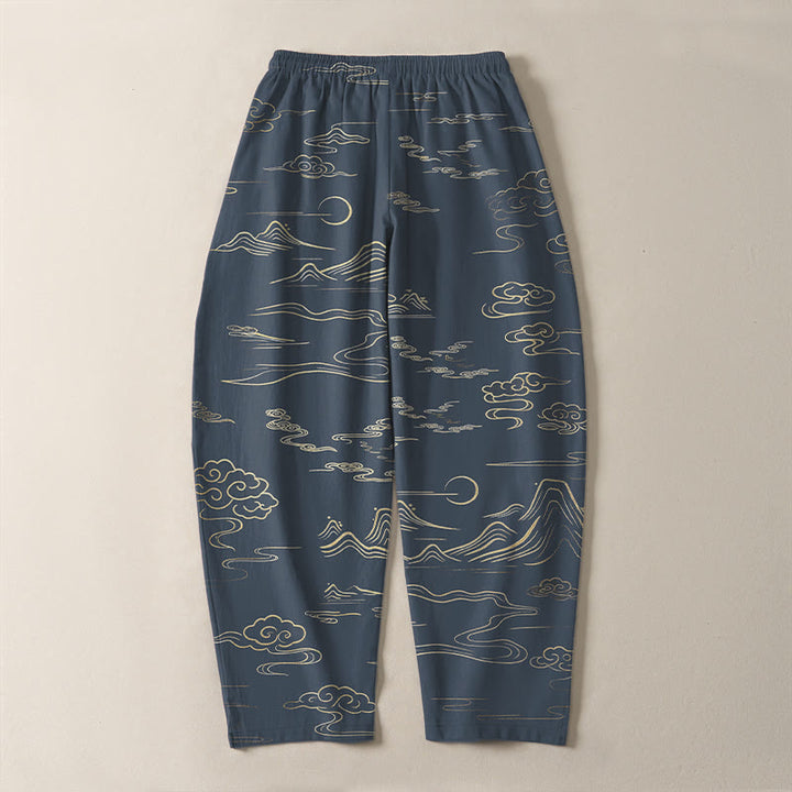 Buddha Stones Pure Cotton Cloud Mountain Wave Pattern Drawstring Men's Tapered Pants With Pockets - image 14