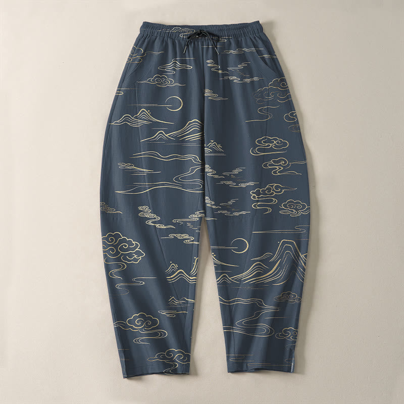 Buddha Stones Pure Cotton Cloud Mountain Wave Pattern Drawstring Men's Tapered Pants With Pockets - image 13