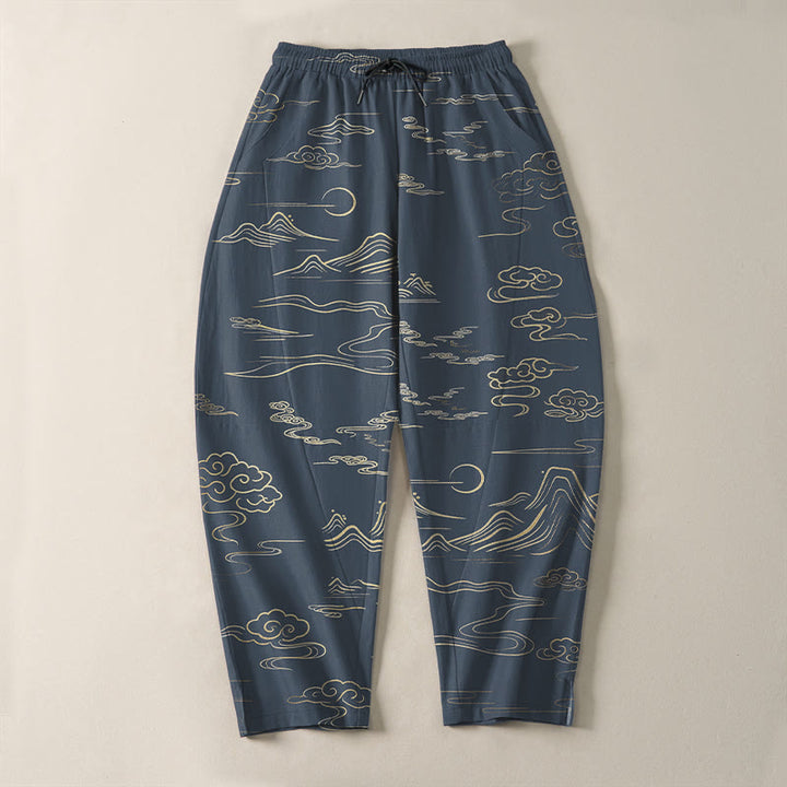 Buddha Stones Pure Cotton Cloud Mountain Wave Pattern Drawstring Men's Tapered Pants With Pockets - image 13