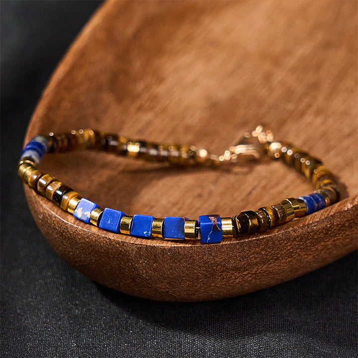 Buddha Stones Lapis Lazuli Tiger Eye Square Beaded Wisdom Bracelet - image 2