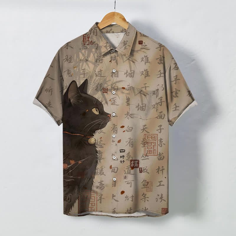 Buddha Stones Black Cat Calligraphy Seal Pattern Buttons Breathable Men's Short Sleeve Shirt - Tan - US/UK/AU48，EU58 (4XL) - image 0