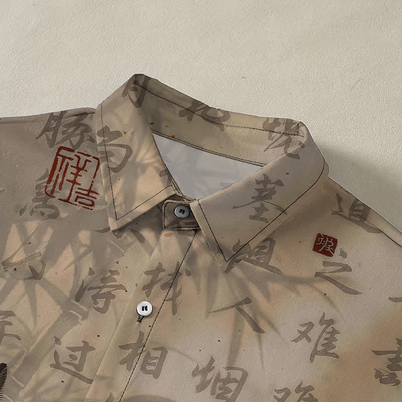 Buddha Stones Black Cat Calligraphy Seal Pattern Buttons Breathable Men's Short Sleeve Shirt - image 2