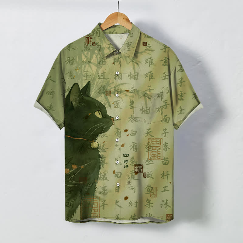 Buddha Stones Black Cat Calligraphy Seal Pattern Buttons Breathable Men's Short Sleeve Shirt - DarkKhaki - US/UK/AU48，EU58 (4XL) - image 5