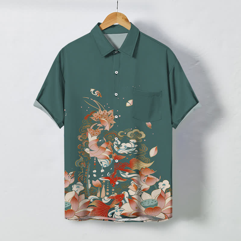 Buddha Stones Lotus Koi Fish Cloud Wave Pattern Buttons Breathable Men's Short Sleeve Shirt - Teal - US/UK/AU48，EU58 (4XL) - image 0