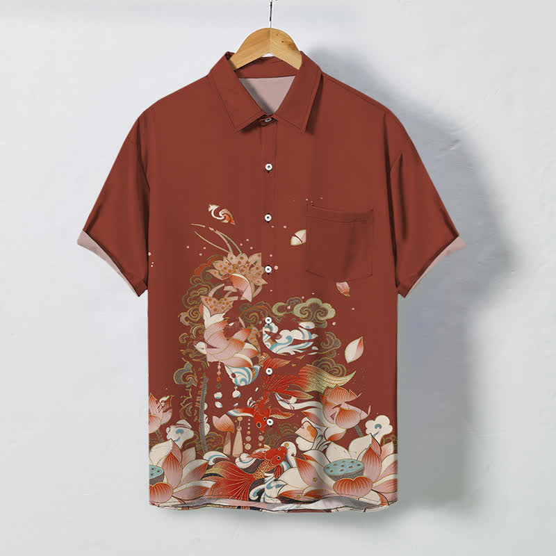 Buddha Stones Lotus Koi Fish Cloud Wave Pattern Buttons Breathable Men's Short Sleeve Shirt - Sienna - US/UK/AU48，EU58 (4XL) - image 7