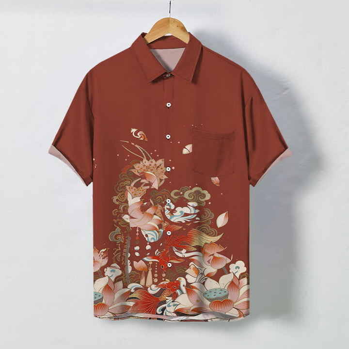 Buddha Stones Lotus Koi Fish Cloud Wave Pattern Buttons Breathable Men's Short Sleeve Shirt - Sienna - US/UK/AU48，EU58 (4XL) - image 7