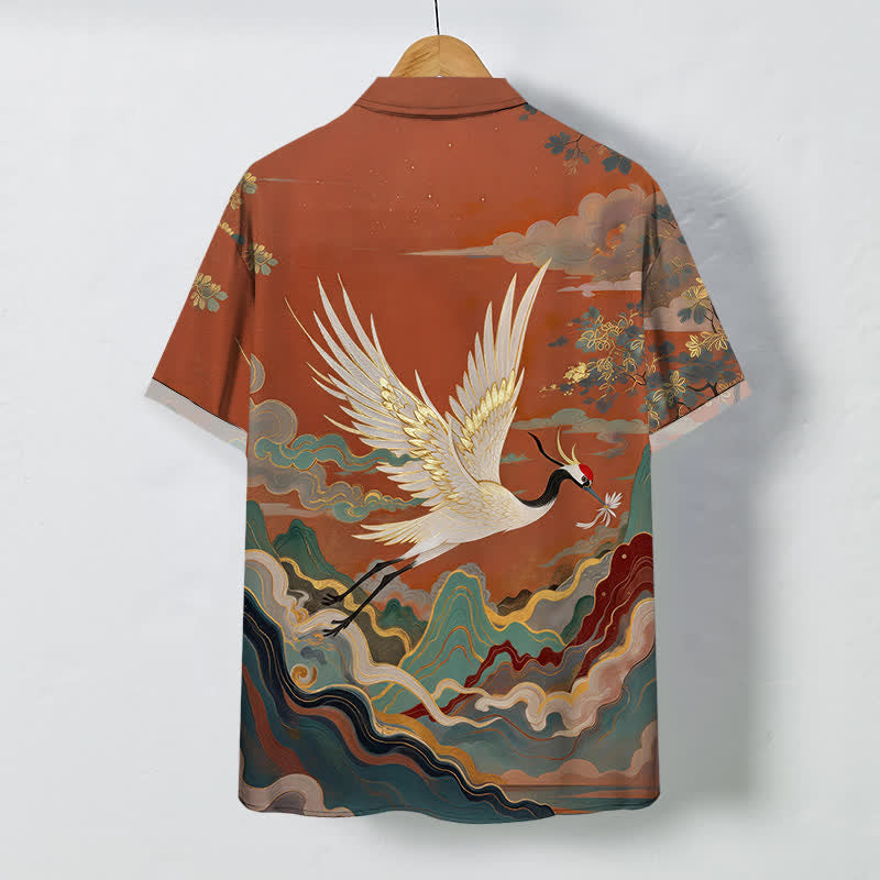 Buddha Stones Flying Crane Cloud Wave White Flower Pattern Buttons Breathable Men's Short Sleeve Shirt - image 1