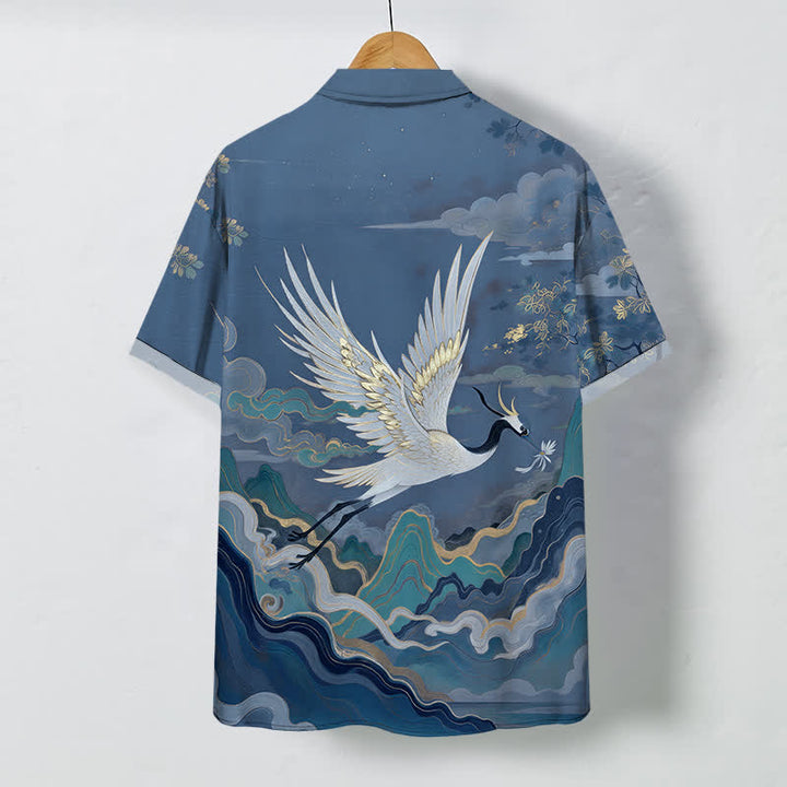 Buddha Stones Flying Crane Cloud Wave White Flower Pattern Buttons Breathable Men's Short Sleeve Shirt - image 6