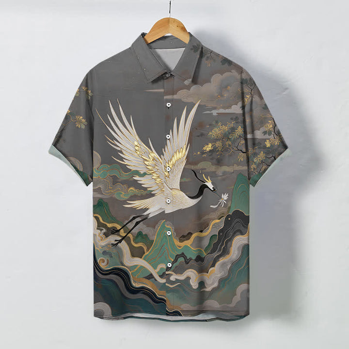 Buddha Stones Flying Crane Cloud Wave White Flower Pattern Buttons Breathable Men's Short Sleeve Shirt - DimGray - US/UK/AU48，EU58 (4XL) - image 7