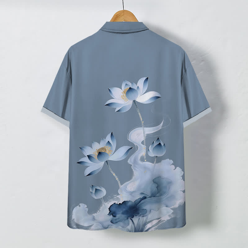 Buddha Stones Blue Lotus Ink Pattern Buttons Wrinkle-resistant Men's Short Sleeve Shirt - image 6