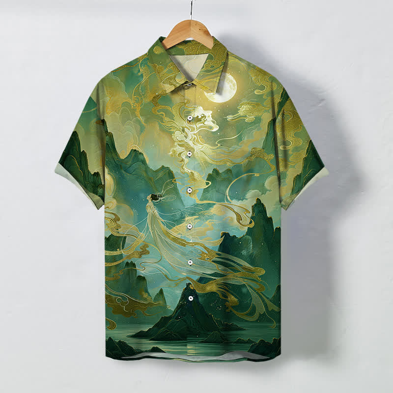 Buddha Stones Misty Mountain Moon Cloud Pattern Buttons Wrinkle-resistant Men's Short Sleeve Shirt - SeaGreen - US/UK/AU48，EU58 (4XL) - image 5