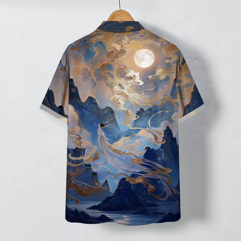 Buddha Stones Misty Mountain Moon Cloud Pattern Buttons Wrinkle-resistant Men's Short Sleeve Shirt - image 8