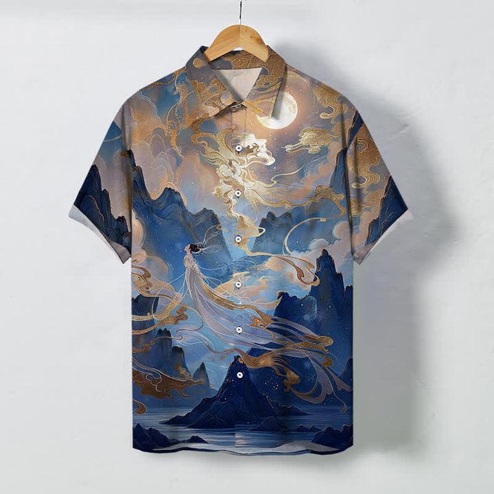 Buddha Stones Misty Mountain Moon Cloud Pattern Buttons Wrinkle-resistant Men's Short Sleeve Shirt - MidnightBlue - US/UK/AU48，EU58 (4XL) - image 7