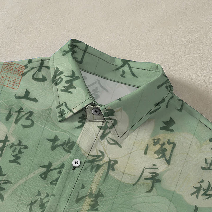 Buddha Stones Chinese Calligraphy Landscape Pattern Buttons Breathable Men's Short Sleeve Shirt - image 2