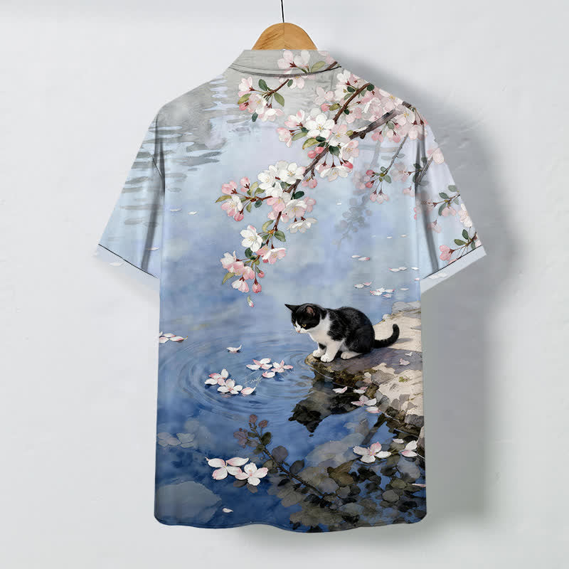 Buddha Stones Cherry Blossom Cat Waterside Pattern Buttons Wrinkle-resistant Men's Short Sleeve Shirt - image 1