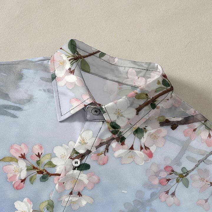 Buddha Stones Cherry Blossom Cat Waterside Pattern Buttons Wrinkle-resistant Men's Short Sleeve Shirt - image 2