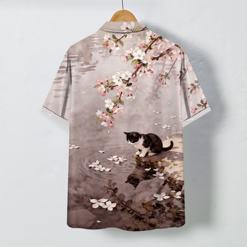 Buddha Stones Cherry Blossom Cat Waterside Pattern Buttons Wrinkle-resistant Men's Short Sleeve Shirt - image 6
