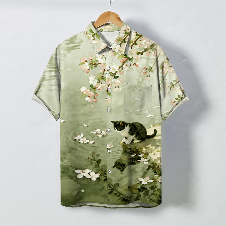 Buddha Stones Cherry Blossom Cat Waterside Pattern Buttons Wrinkle-resistant Men's Short Sleeve Shirt - PaleGreen - US/UK/AU48，EU58 (4XL) - image 7