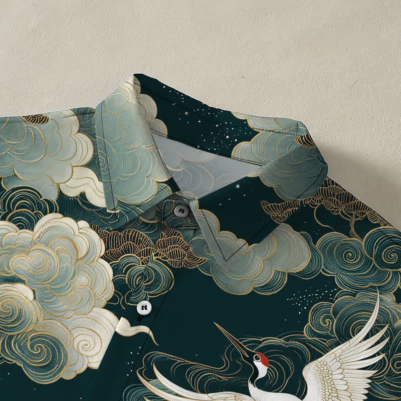 Buddha Stones Red-crowned Crane Golden White Clouds Wave Pattern Buttons Breathable Men's Short Sleeve Shirt - image 2