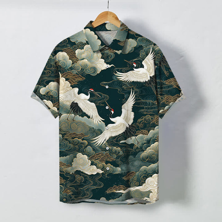 Buddha Stones Red-crowned Crane Golden White Clouds Wave Pattern Buttons Breathable Men's Short Sleeve Shirt - SeaGreen - US/UK/AU48，EU58 (4XL) - image 0