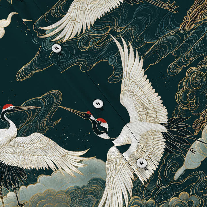 Buddha Stones Red-crowned Crane Golden White Clouds Wave Pattern Buttons Breathable Men's Short Sleeve Shirt - image 3