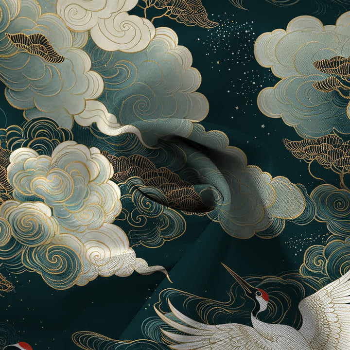 Buddha Stones Red-crowned Crane Golden White Clouds Wave Pattern Buttons Breathable Men's Short Sleeve Shirt - image 4