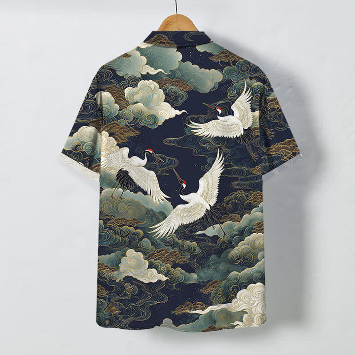 Buddha Stones Red-crowned Crane Golden White Clouds Wave Pattern Buttons Breathable Men's Short Sleeve Shirt - image 6