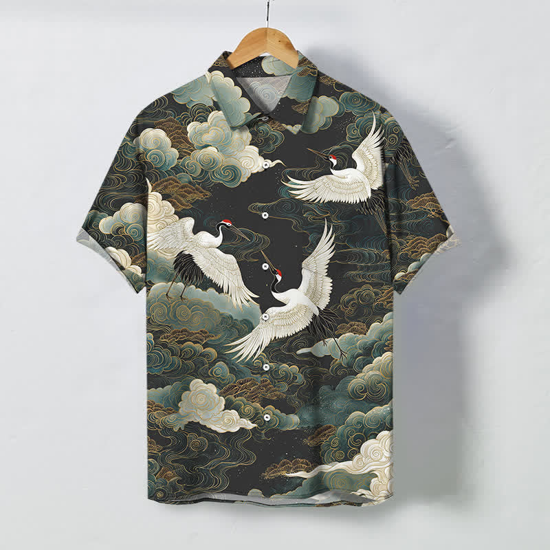 Buddha Stones Red-crowned Crane Golden White Clouds Wave Pattern Buttons Breathable Men's Short Sleeve Shirt - DarkOliveGreen - US/UK/AU48，EU58 (4XL) - image 7