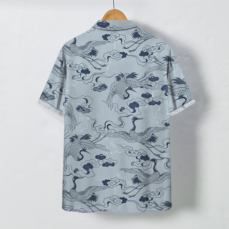 Buddha Stones Crane Cloud Wave Sketch Pattern Buttons Breathable Men's Short Sleeve Shirt - image 1
