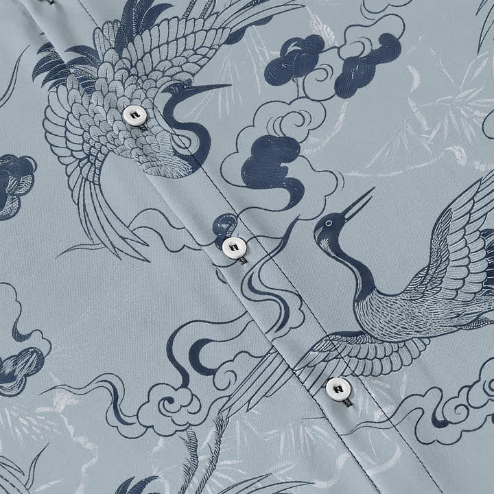 Buddha Stones Crane Cloud Wave Sketch Pattern Buttons Breathable Men's Short Sleeve Shirt - image 3