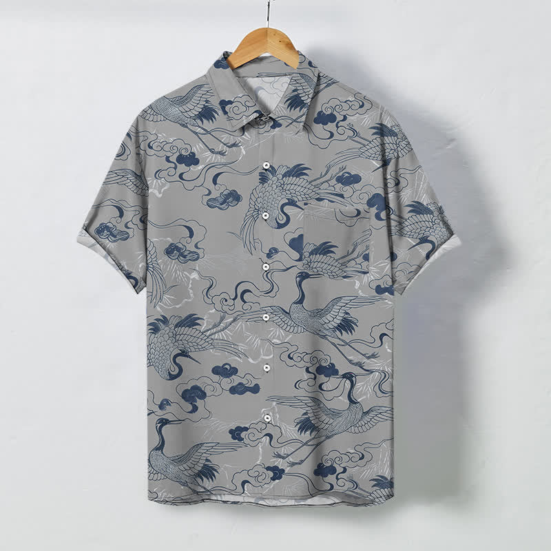 Buddha Stones Crane Cloud Wave Sketch Pattern Buttons Breathable Men's Short Sleeve Shirt - LightGray - US/UK/AU48，EU58 (4XL) - image 7