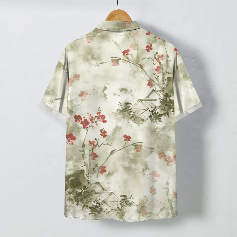 Buddha Stones Ink Red Floral Branch Blossom Houses Pattern Buttons Breathable Men's Short Sleeve Shirt - image 4