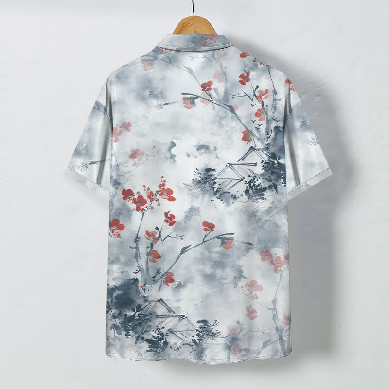 Buddha Stones Ink Red Floral Branch Blossom Houses Pattern Buttons Breathable Men's Short Sleeve Shirt - image 6