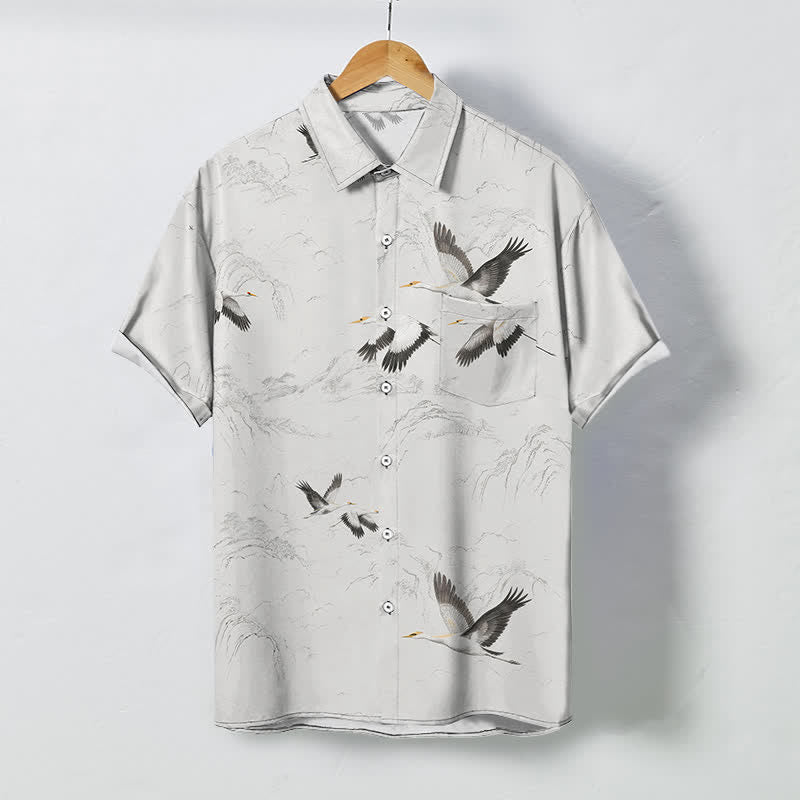 Buddha Stones Ink Landscape Crane Mountain Ranges Pattern Buttons Breathable Men's Short Sleeve Shirt - White - US/UK/AU48，EU58 (4XL) - image 0
