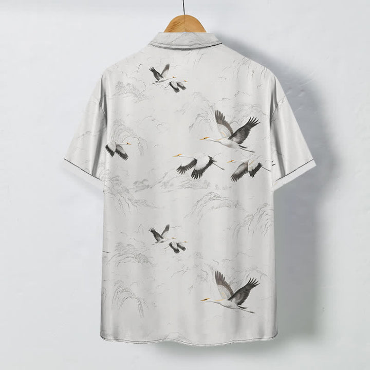 Buddha Stones Ink Landscape Crane Mountain Ranges Pattern Buttons Breathable Men's Short Sleeve Shirt - image 1