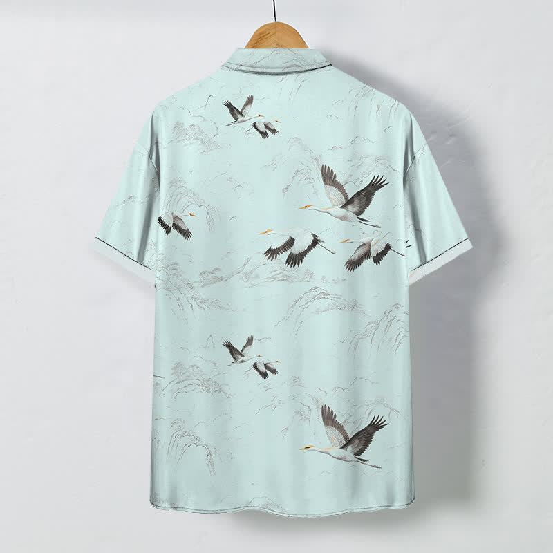 Buddha Stones Ink Landscape Crane Mountain Ranges Pattern Buttons Breathable Men's Short Sleeve Shirt - image 6