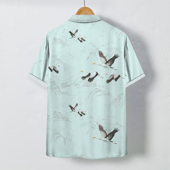 Buddha Stones Ink Landscape Crane Mountain Ranges Pattern Buttons Breathable Men's Short Sleeve Shirt - image 6