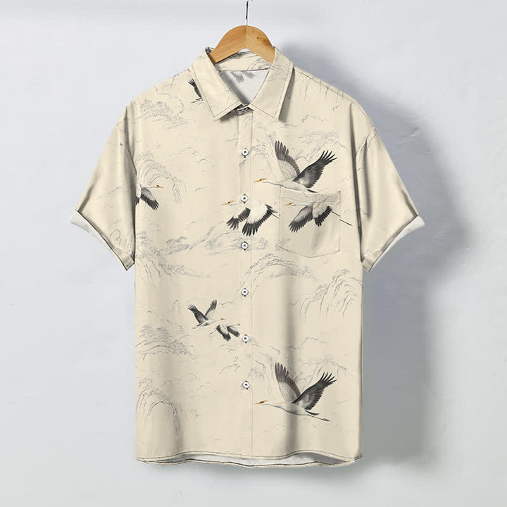 Buddha Stones Ink Landscape Crane Mountain Ranges Pattern Buttons Breathable Men's Short Sleeve Shirt - Beige - US/UK/AU48，EU58 (4XL) - image 7